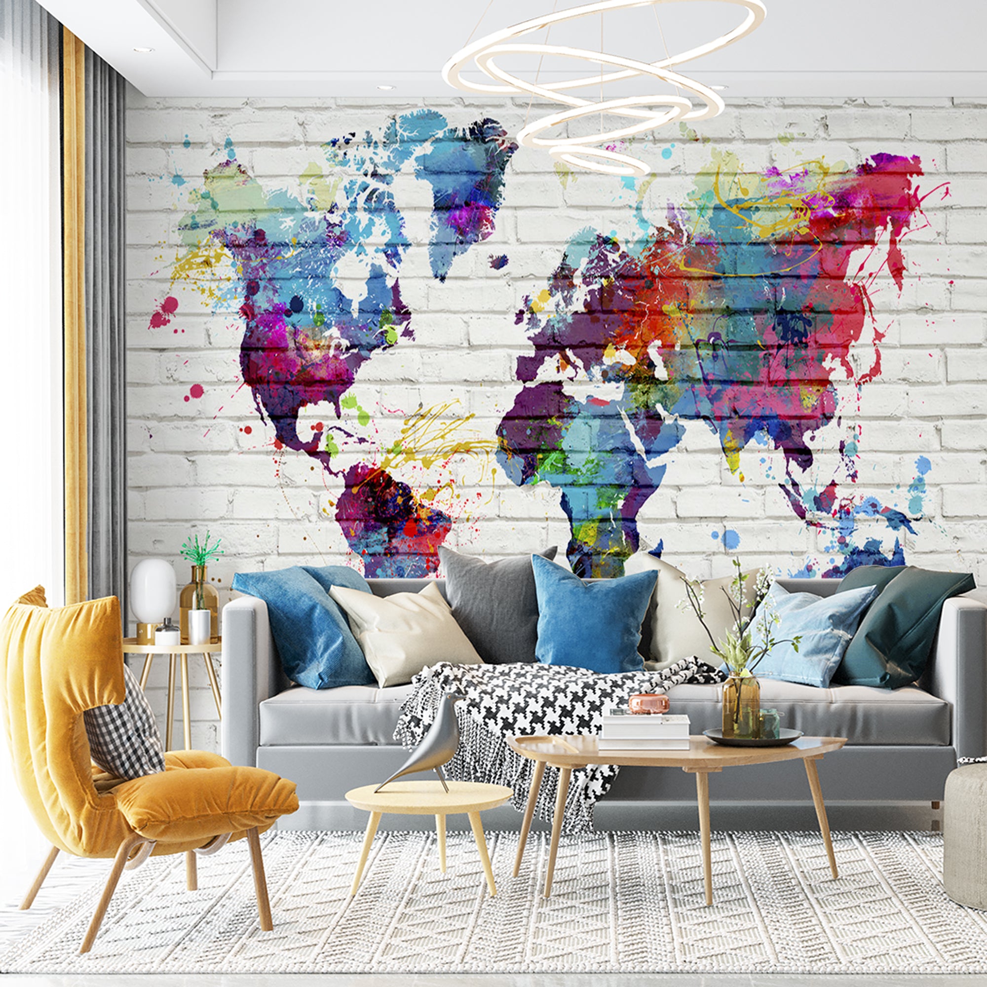 Colorful World Map Wall Mural Wallpaper - Artistic Splatter Design on Brick