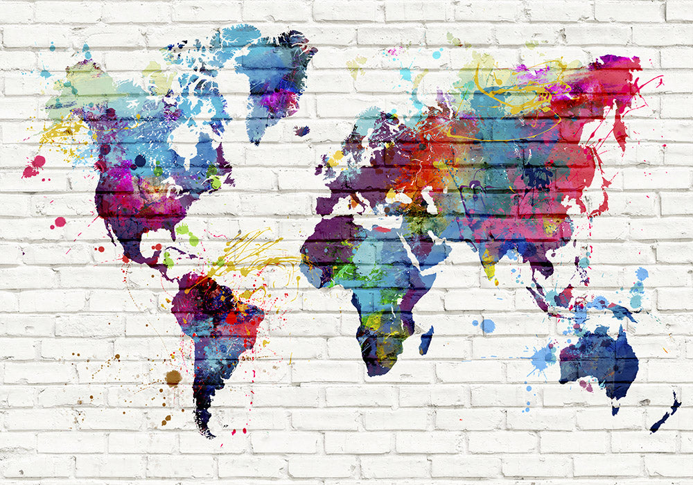 Colorful World Map Wall Mural Wallpaper - Artistic Splatter Design on Brick