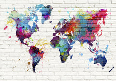 Custom Colorful World Map Wall Mural Wallpaper - Artistic Splatter Design on Brick