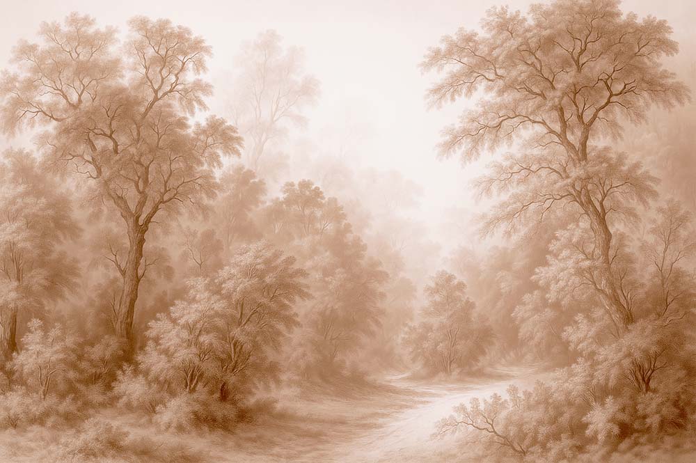 Papier peint forêt terre cuite – Panoramique arbres peints sépia et sentier