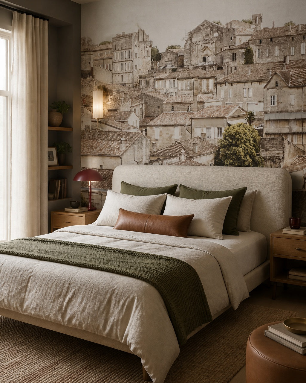 Red rooftops wallpaper in a designer bedroom.