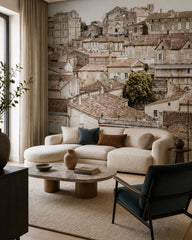 Red rooftops wallpaper in a designer living room.