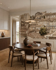Red rooftops wallpaper in a refined dining area.