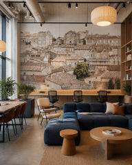 Red rooftops wallpaper in a creative office lounge.