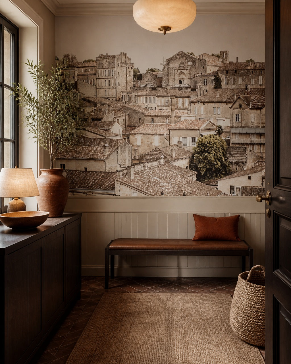 Red rooftops wallpaper in a designer entrance hall.
