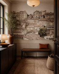 Red rooftops wallpaper in a designer entrance hall.