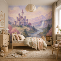 Fairytale castle wallpaper displayed in a warm children’s bedroom with built-in daybed and natural wood furniture.