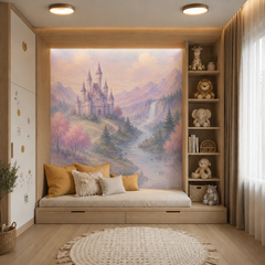 Princess castle wall mural shown in a cozy kids bedroom with rattan bed, soft neutral decor and mountain landscape.