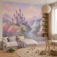 Pastel princess castle wallpaper mural with fairytale castle, mountains, waterfall, river, pine trees and pink landscape.