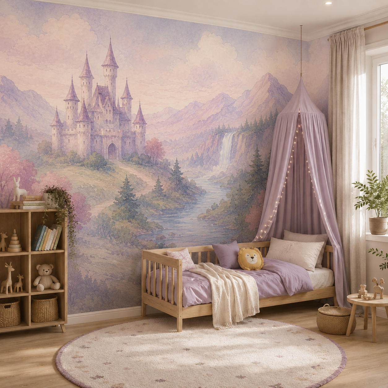 Magical castle wallpaper shown in a girls bedroom with canopy bed, pastel purple textiles, river and mountain scenery.