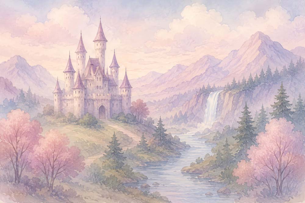 Watercolor princess castle wall mural with soft pink trees, lavender mountains, waterfall and winding river.