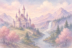 Watercolor princess castle wall mural with soft pink trees, lavender mountains, waterfall and winding river.