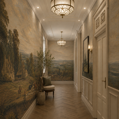 Vintage pastoral landscape wall mural along a long hallway with herringbone floor.