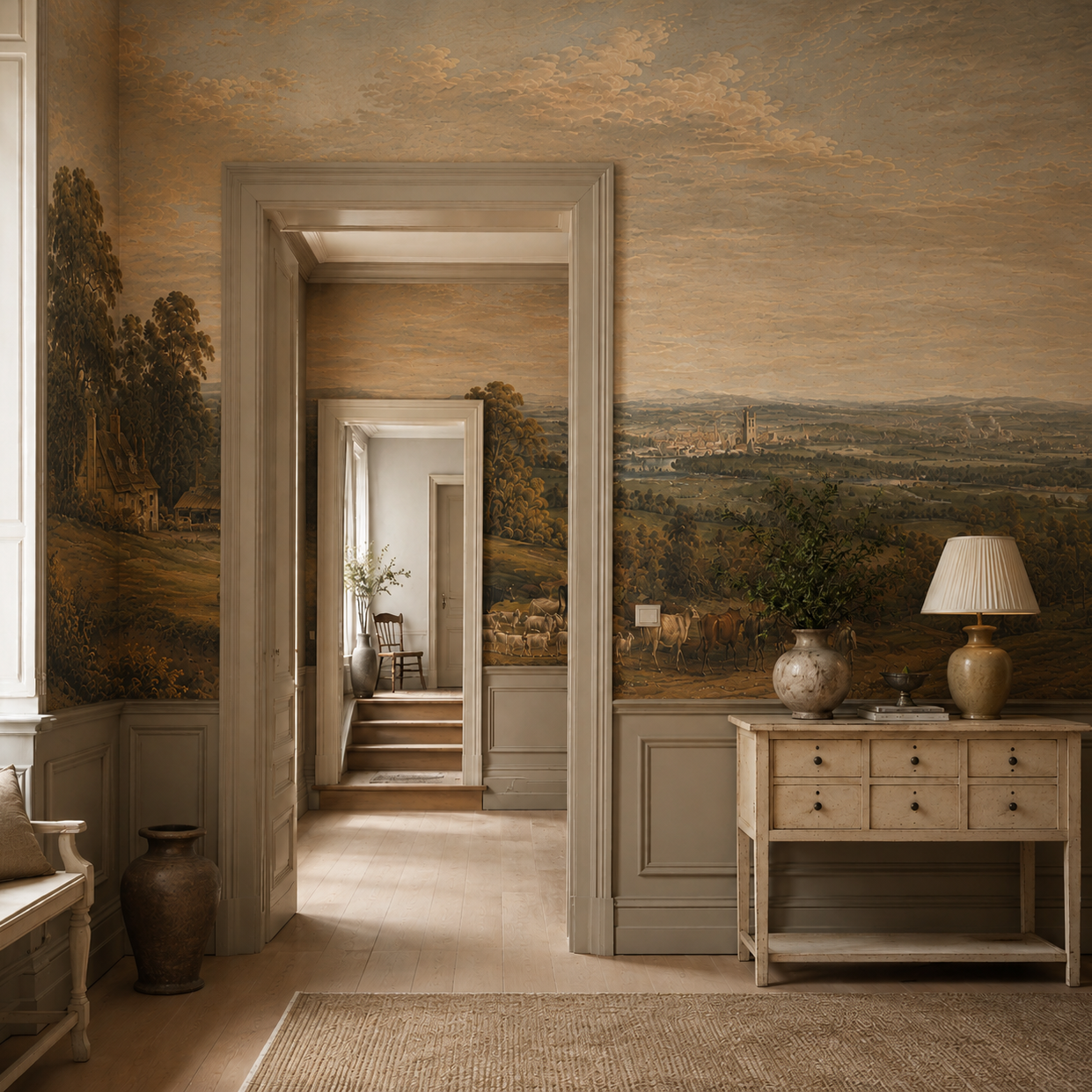 Vintage pastoral landscape wall mural in an entry hall with wainscoting and wooden console.