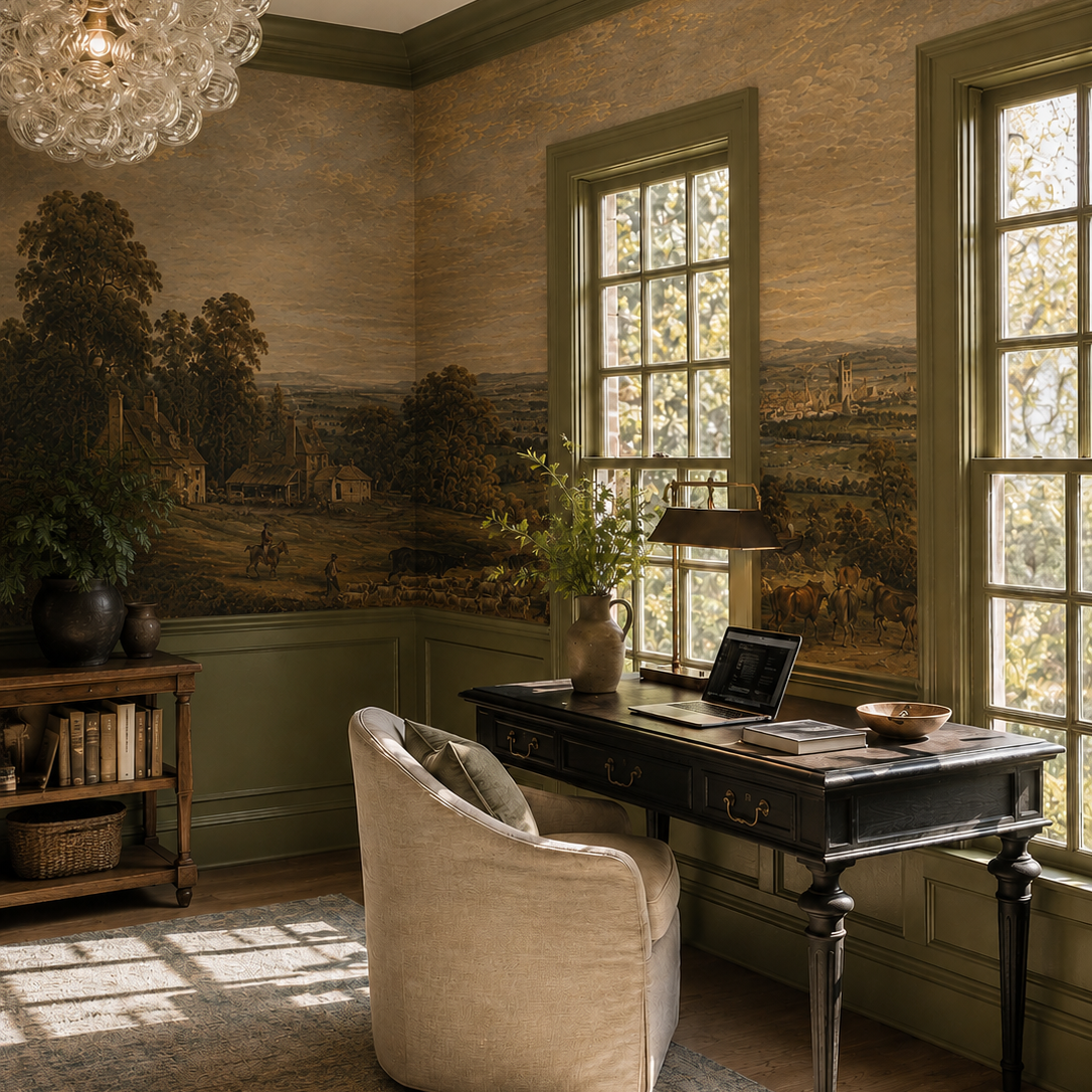Vintage pastoral landscape wall mural in a study with olive green paneling and antique desk.