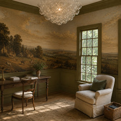 Vintage pastoral landscape wall mural in a sunny home office with armchair and sash windows.
