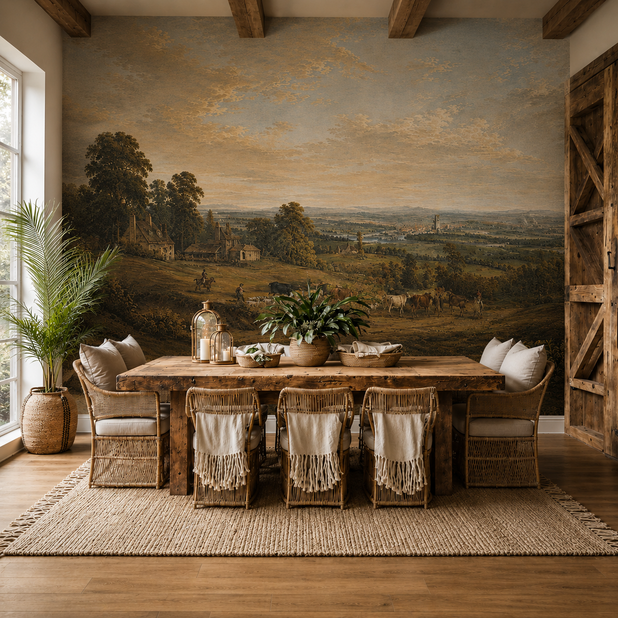 Vintage pastoral landscape wall mural in a rustic dining room with wooden table and rattan chairs.