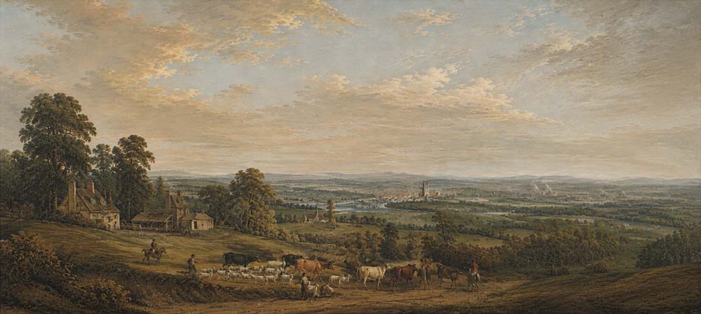 Panoramic vintage landscape wallpaper in oil painting style with countryside village, grazing cattle, trees and golden sky.