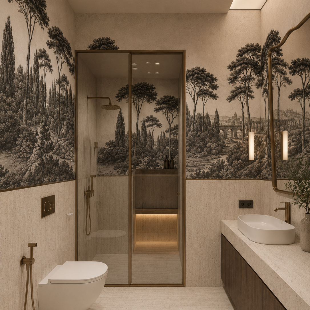 Black and white Italian landscape wallpaper in a modern bathroom with glass shower and brass fixtures.