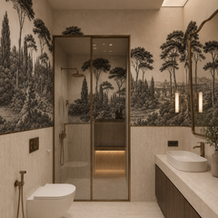 Black and white Italian landscape wallpaper in a modern bathroom with glass shower and brass fixtures.