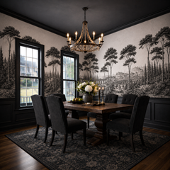 Black and white Italian landscape wallpaper in a dramatic dining room with black ceiling and chandelier.