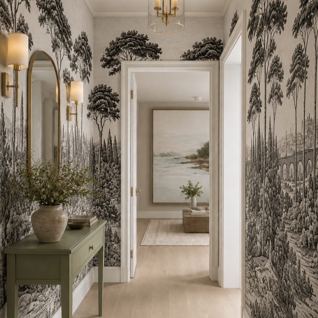 Black and white Italian landscape wallpaper in an entry hall with arched mirror and green console.