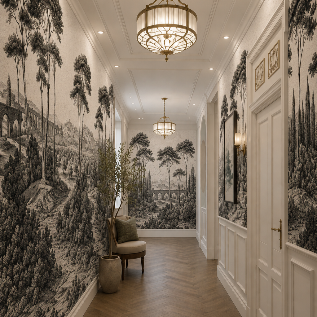 Black and white Italian landscape wallpaper along an elegant corridor with pendant lights.