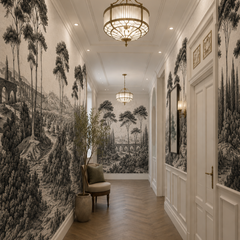 Black and white Italian landscape wallpaper along an elegant corridor with pendant lights.