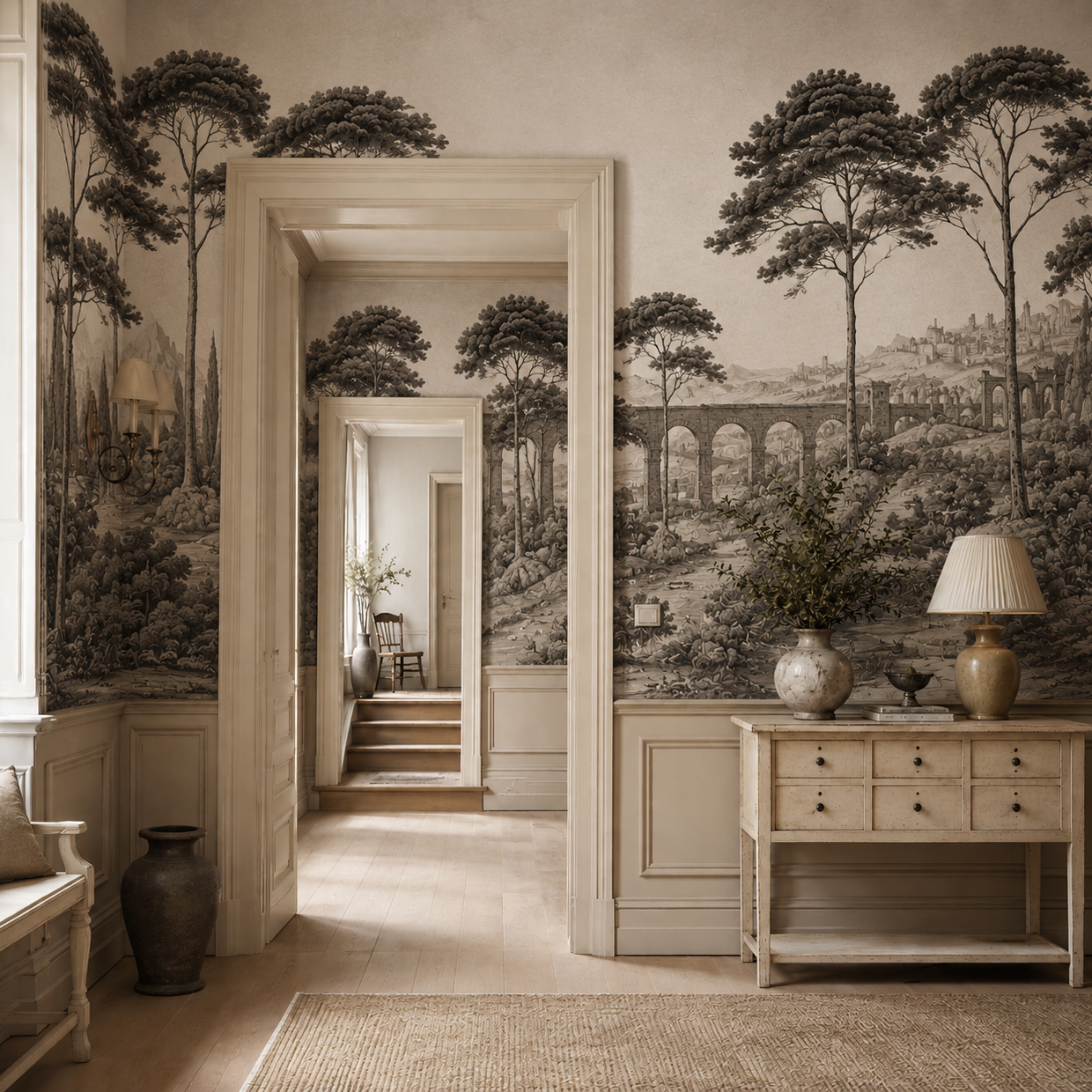 Black and white Italian landscape wallpaper in a classic entryway with open doorways.