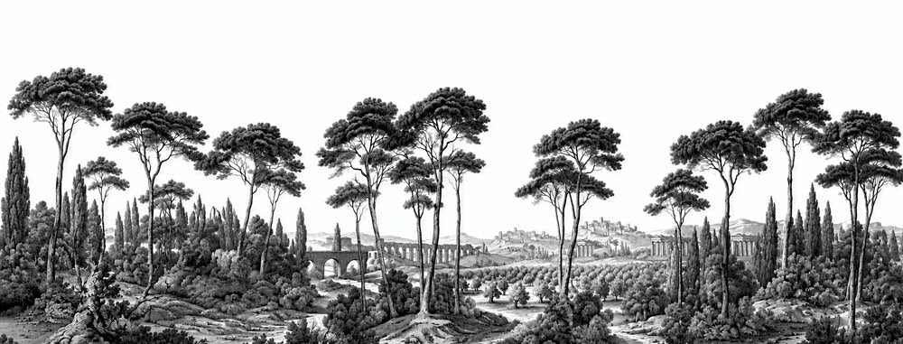 Black and white engraving style wallpaper with umbrella pines, cypress trees and a Roman aqueduct in an Italian landscape.