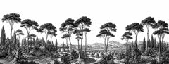 Black and white engraving style wallpaper with umbrella pines, cypress trees and a Roman aqueduct in an Italian landscape.
