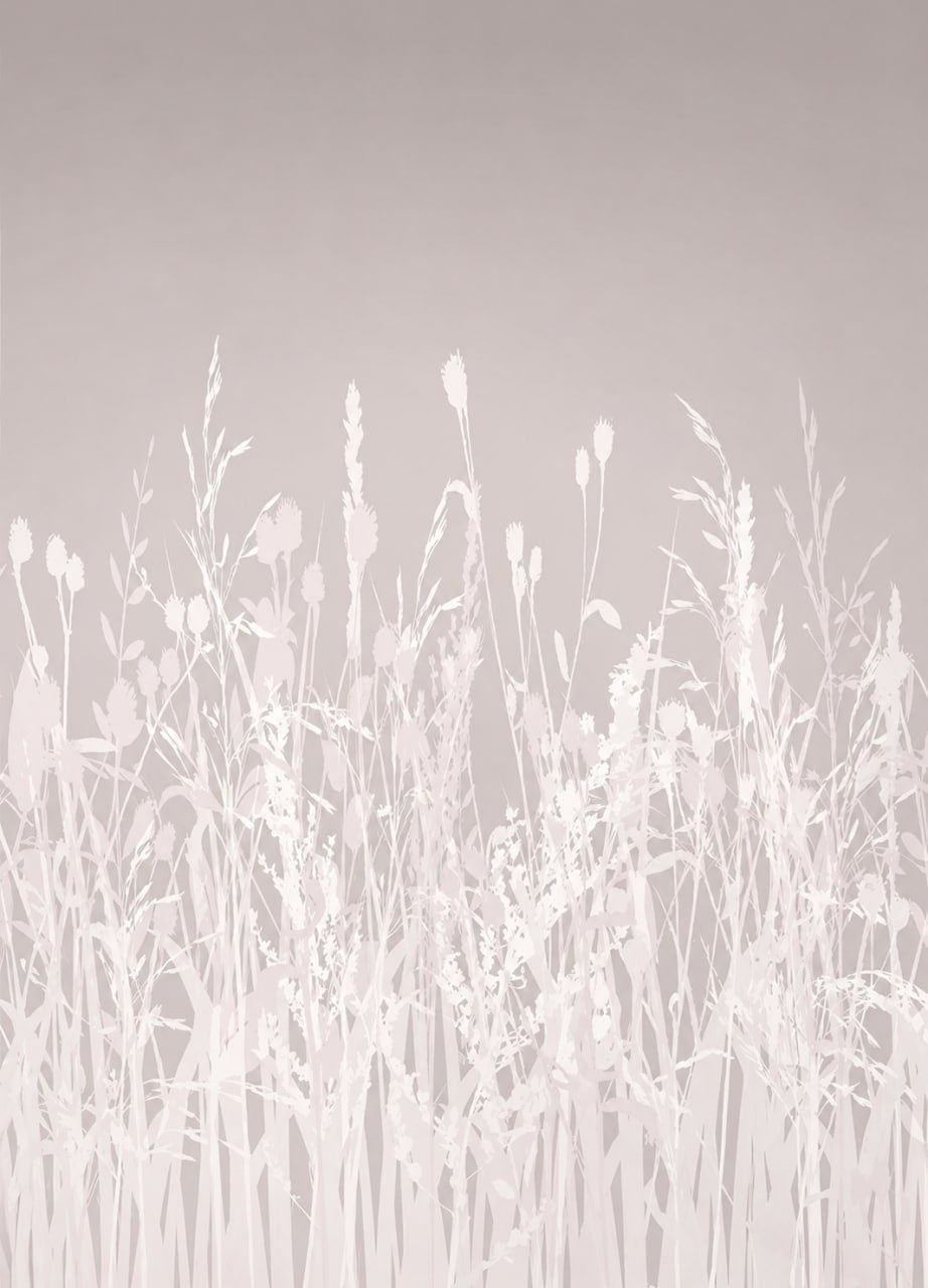 Tapete Weiße Gräser auf Taupe – Minimalistische Wiesensilhouetten, Wandbild