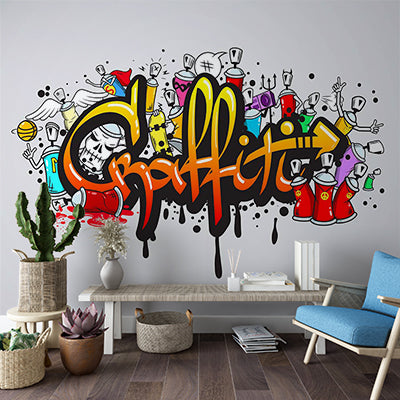 Colorful Cartoon Graffiti Art with Spray Cans and Urban Elements Wall Murals