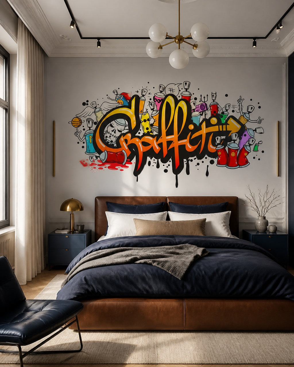 Cartoon graffiti wallpaper in a designer bedroom.