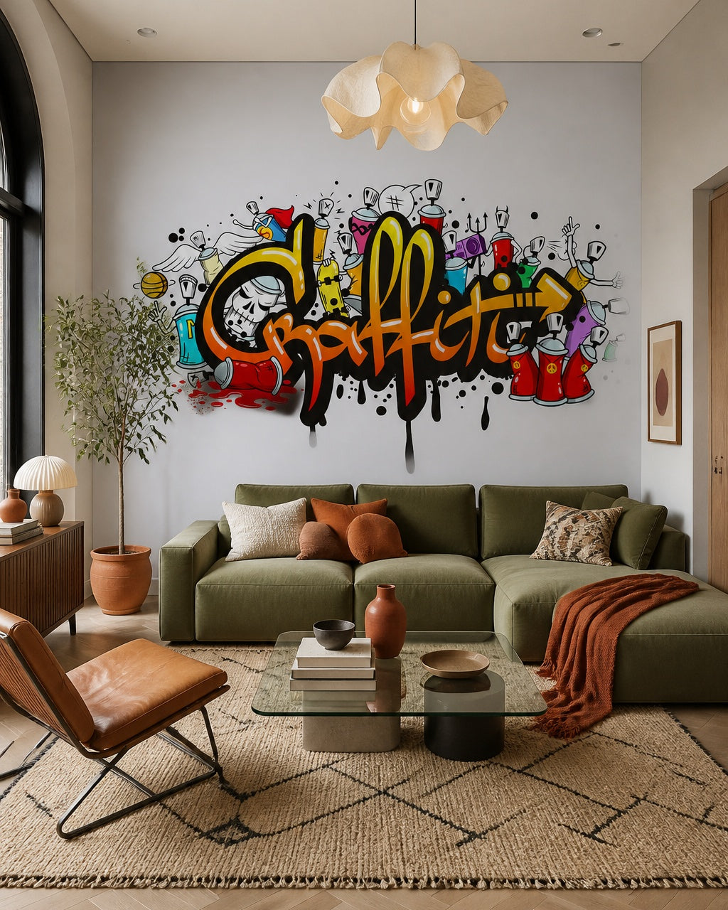 Cartoon graffiti wallpaper in a designer living room.