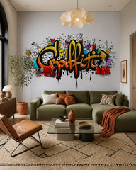 Cartoon graffiti wallpaper in a designer living room.