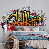 Colorful Cartoon Graffiti Art with Spray Cans and Urban Elements Wall Murals