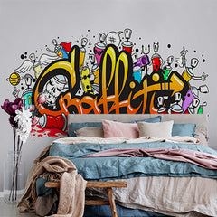 Custom Colorful Cartoon Graffiti Art with Spray Cans and Urban Elements Wall Murals