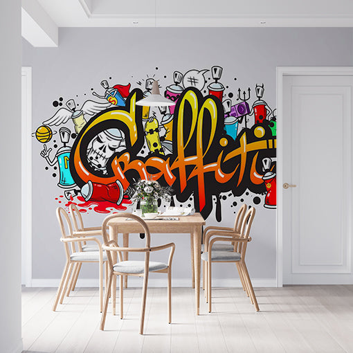 Colorful Cartoon Graffiti Art with Spray Cans and Urban Elements Wall Murals