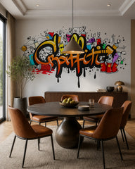 Cartoon graffiti wallpaper in a refined dining area.