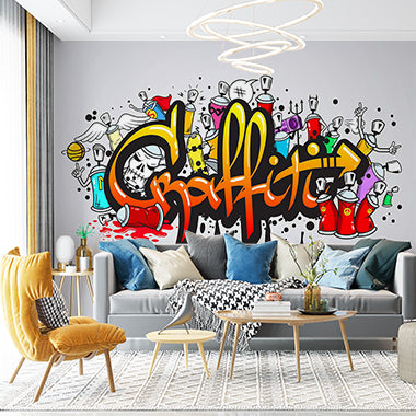 Colorful Cartoon Graffiti Art with Spray Cans and Urban Elements Wall Murals