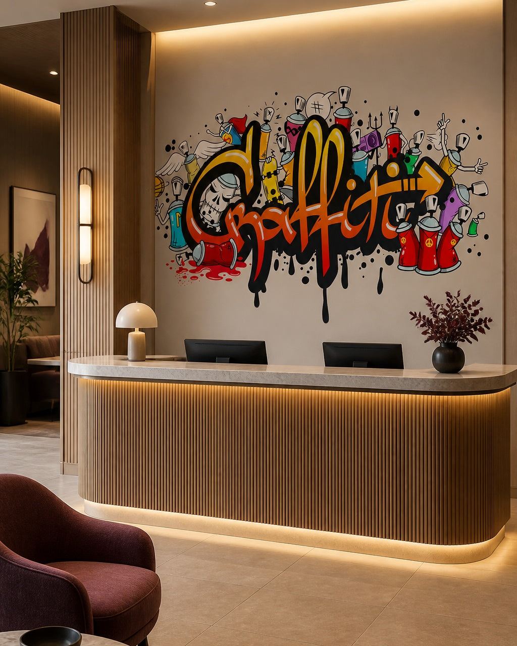 Cartoon graffiti wallpaper at a hotel reception desk.