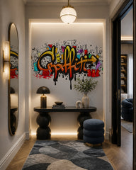 Cartoon graffiti wallpaper in an architectural hallway.