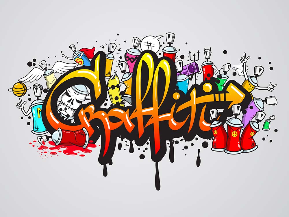 Colorful Cartoon Graffiti Art with Spray Cans and Urban Elements Wall Murals