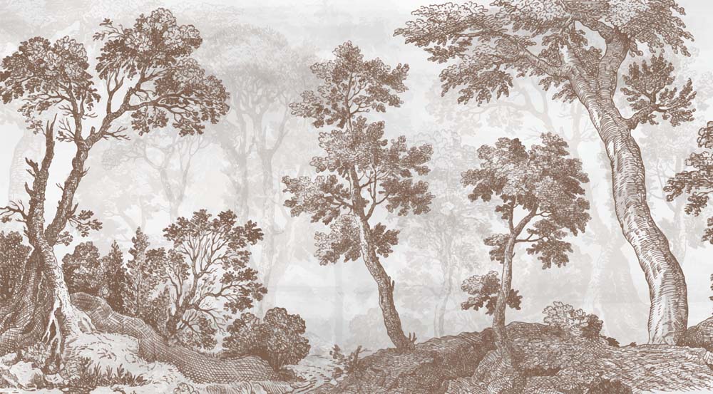 Papier peint arbres toile sépia – Panoramique paysage de forêt gravé vintage