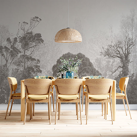 Custom Tranquil Misty Forest in Grayscale Wall Mural Wallpaper