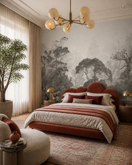 Misty grey forest wallpaper in a designer bedroom.