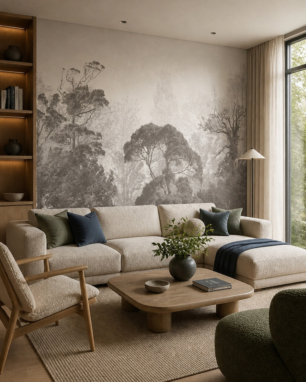 Misty grey forest wallpaper in a designer living room.