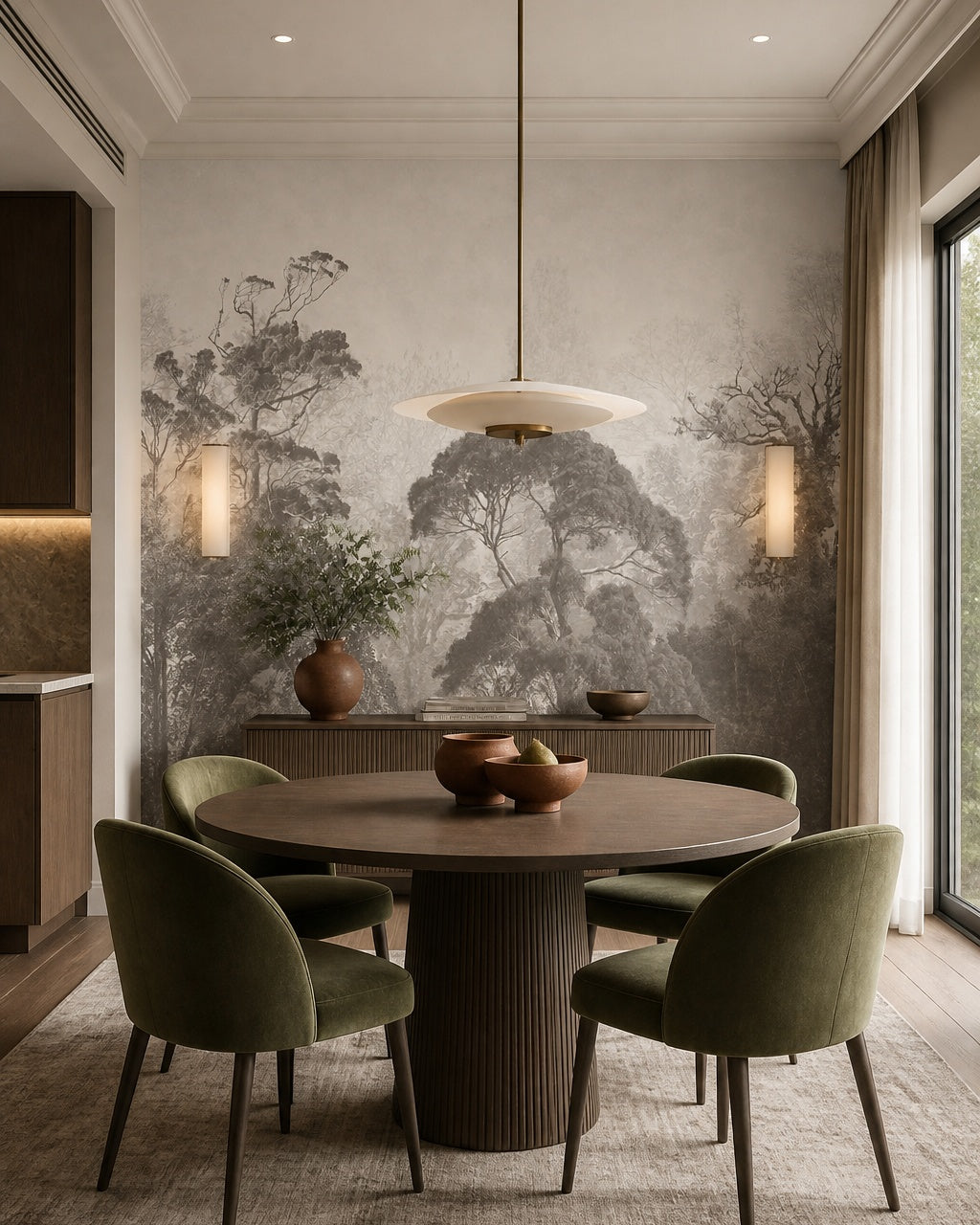 Misty grey forest wallpaper in a refined dining area.
