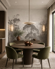 Misty grey forest wallpaper in a refined dining area.